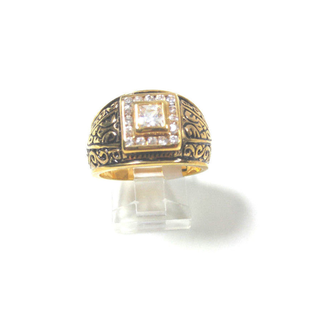 Men's Antiqued Gold Ring Square CZ 50MILS GP - Picture 2 of 8
